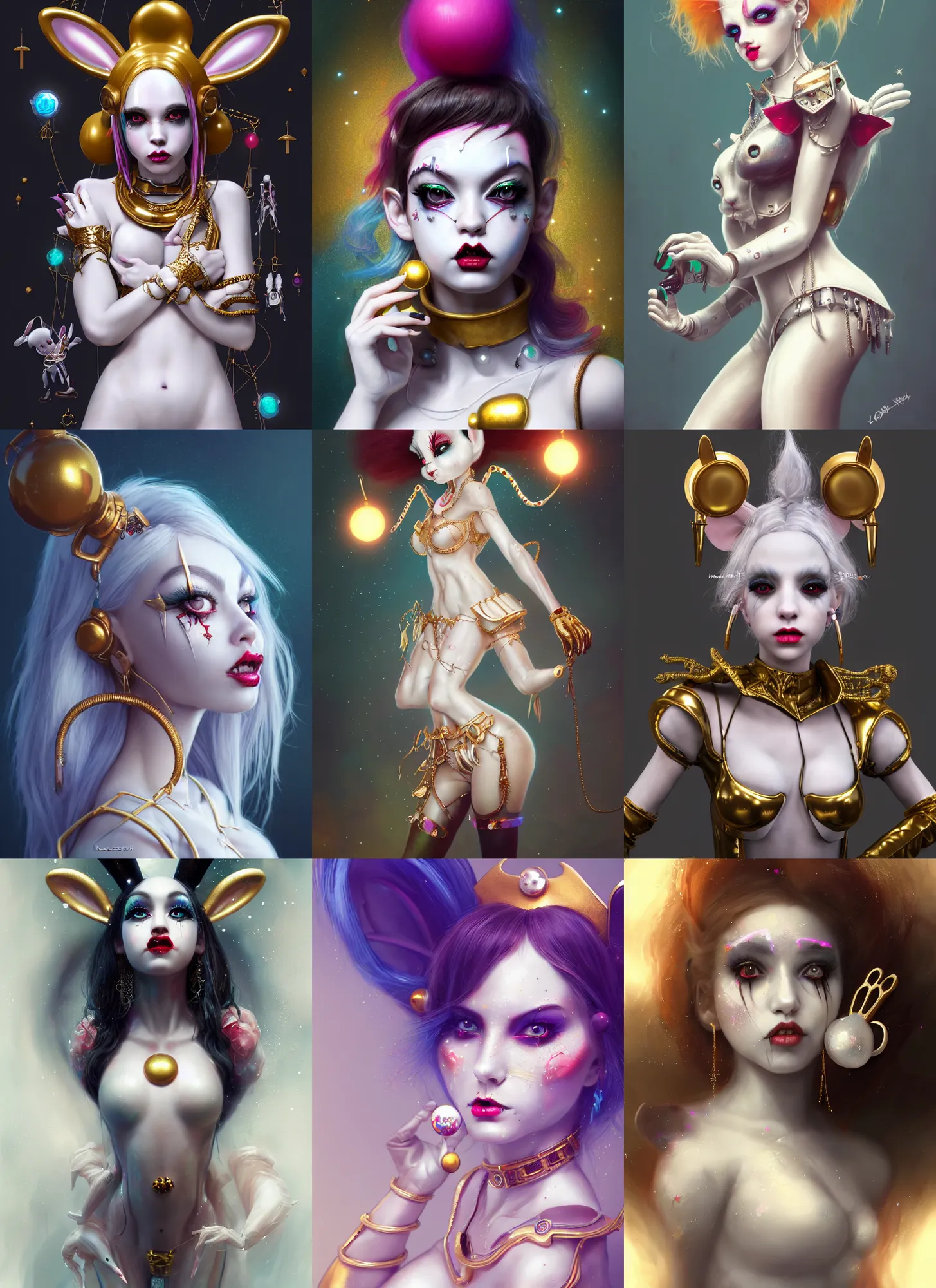 Prompt: disney 8 k photo, beautiful shiny white porcelain rich grand pearlescent emo bunny edc devilgirl clowncore cyborg college woman, giant earrings, golden ratio, sci fi, fantasy, cyberpunk, intricate, decadent, highly detailed, digital painting, octane render, artstation, concept art, smooth, sharp focus, illustration, art by loish, wlop