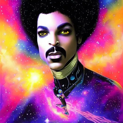 Prompt: a cosmic painting of prince in space. mindblowing colours, trending on artstation. highly detailed face.