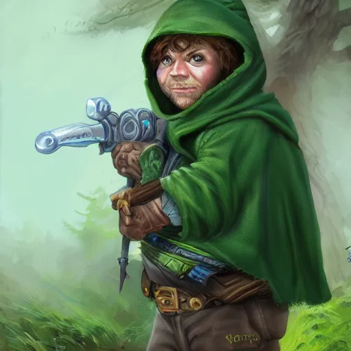 Image similar to a handsome young rugged halfling ranger and a dark green hood and cloak in the forest, adventure gear, realistic, detailed, masterpiece, by Tony Sart, trending on ArtStation