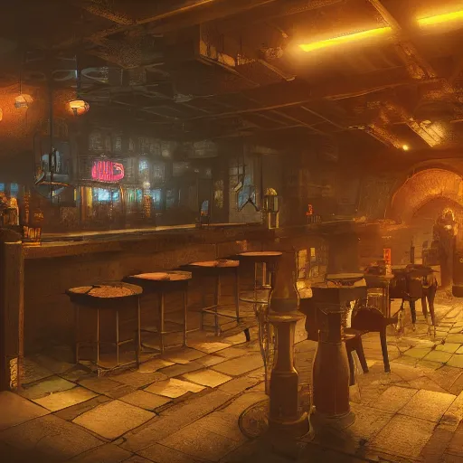 Image similar to ultra mega super hyper realistic Digital concept art of Cyberpunk tavern mixed with medieval style. Rendered in VRAY and DaVinci Resolve and MAXWELL and LUMION 3D, Volumetric natural light