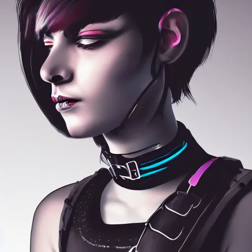 Image similar to digital artwork of woman wearing technological large steel collar, choker on neck, cyberpunk art style, 4K, portrait, punk hairstyle,