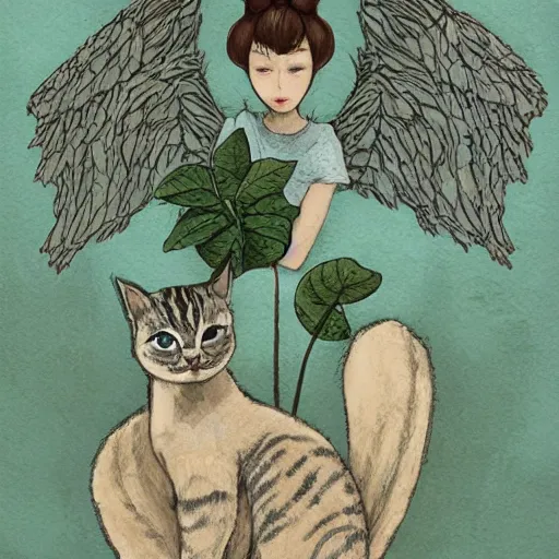 Image similar to 'a cat with two wings, lighting, three plants by Lin Xiao