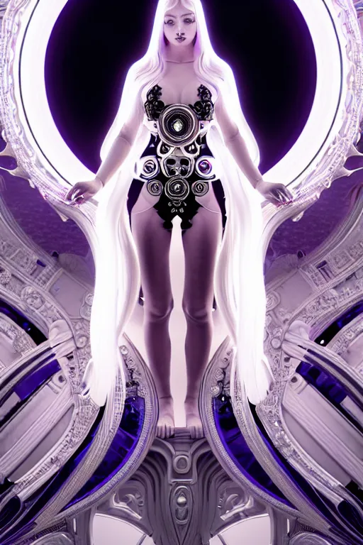 Prompt: symmetrical feminine cyborg goddess rendered in Cinema 4D, elegant and ornate futuristic silk robes, glowing white neon eyes, platinum and obsidian flowing long hair, art by Artgerm and Alphonse Mucha, hyperrealism, full body photogenic shot, digital render, cinematic lighting ornate earrings, 8k resolution, masterpiece work, HDR,