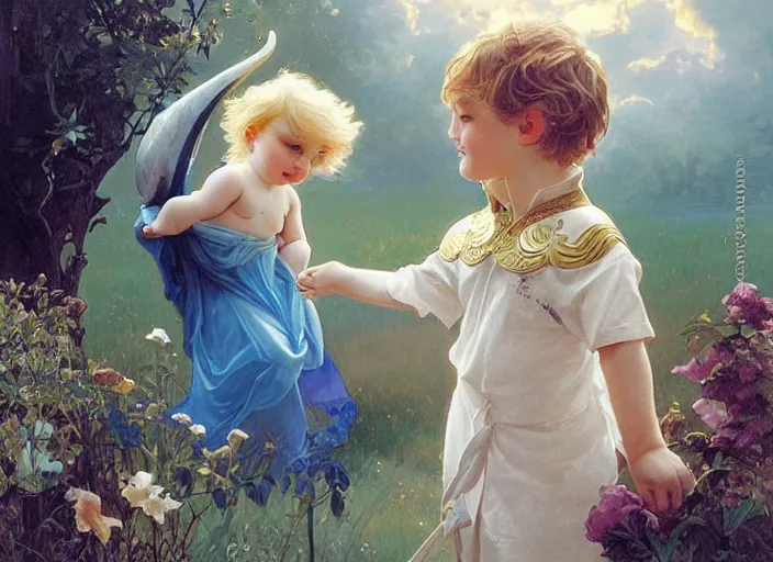 Image similar to a cute little boy with a round cherubic face, short blonde hair and blue eyes meeting an elegant unicorn, beautiful fantasy painting by artgerm and greg rutkowski and alphonse mucha
