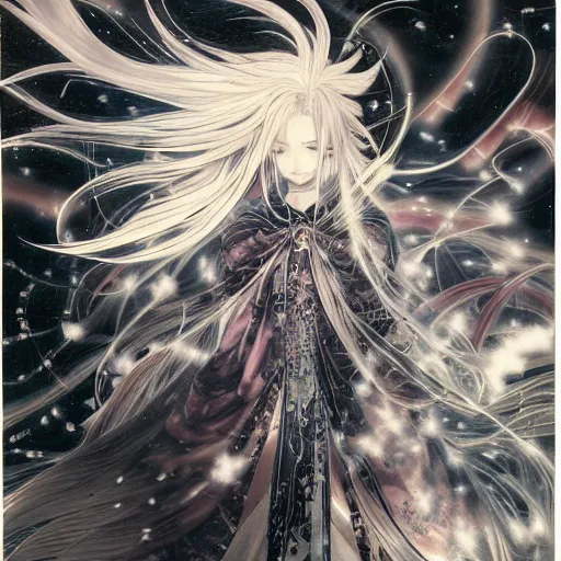 Image similar to Yoshitaka Amano blurred and dreamy illustration of an anime girl with wavy white hair fluttering in the wind and cracks on her face wearing light armor with engravings, background with abstract black and white patterns, noisy film grain effect, highly detailed, Renaissance oil painting, weird portrait angle, three quarter view