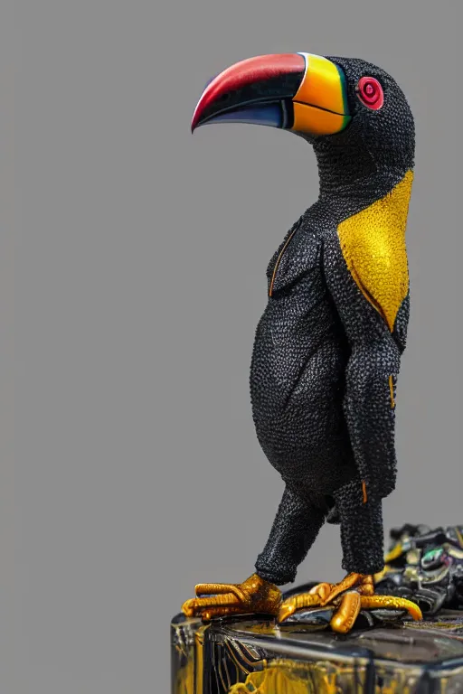 Image similar to a macro photo of a cyborg toucan miniature figurine, dynamic pose, chrome parts, intricate details, intricately detailed textures, warm lighting, vivid colors, realistic octane render, hyper realistic render, volumetric shading, depth of field, raytracing, 8 k,