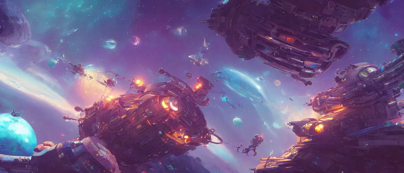 Image similar to orbital space station on a colorful nebulea, unreal engine, fantasy art by greg, loish, rhads, ferdinand knab, makoto shinkai, lois van baarle, ilya kuvshinov, rossdraws, tom bagshaw, global illumination, radiant light, highly detailed intricate environment, isometric, onstudio ghibli, octane render, 8 k