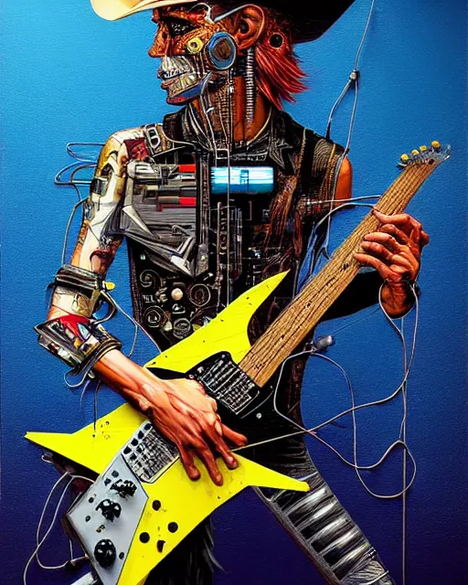 Prompt: a portrait of an anthropomorphic cyberpunk cowboy shredding an electric guitar by sandra chevrier, by jon foster, detailed render, tape deck, epic composition, cybernetics, 4 k realistic, cryengine, realistic shaded lighting, sharp focus, masterpiece, by enki bilal