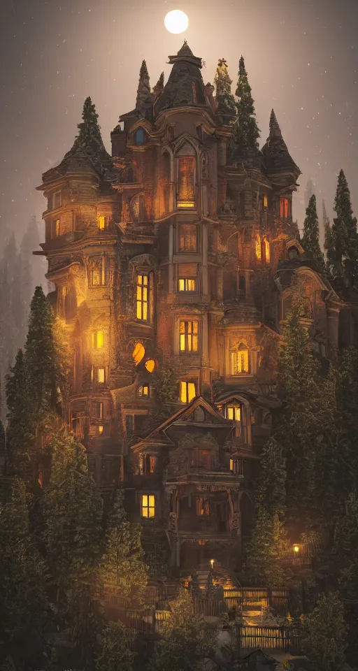 Prompt: A haunted Mansion on the mountain's edge at night during the Lunar Eclipse, evil, demonic, enchanting, angelic, flowers, nature, city, symmetry, environment concept, cinematic, Rendered in Octane, trending on artstation, cgsociety, moody lighting rendered by octane engine, environment 8K artstation, cinematic lighting, intricate details, 8k detail post processing, hyperealistic, octane render, photo realism, visually inspired by Stephen King