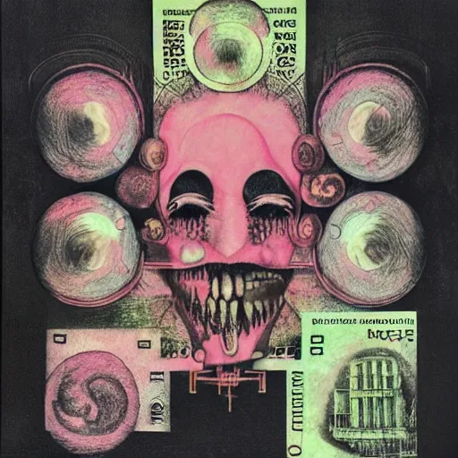 Image similar to post - punk new age album cover, asymmetrical design, frame of a dollar bank notes, capitalism, magic, apocalypse, psychedelic, black white pink, magic, giger h. r., giuseppe arcimboldo