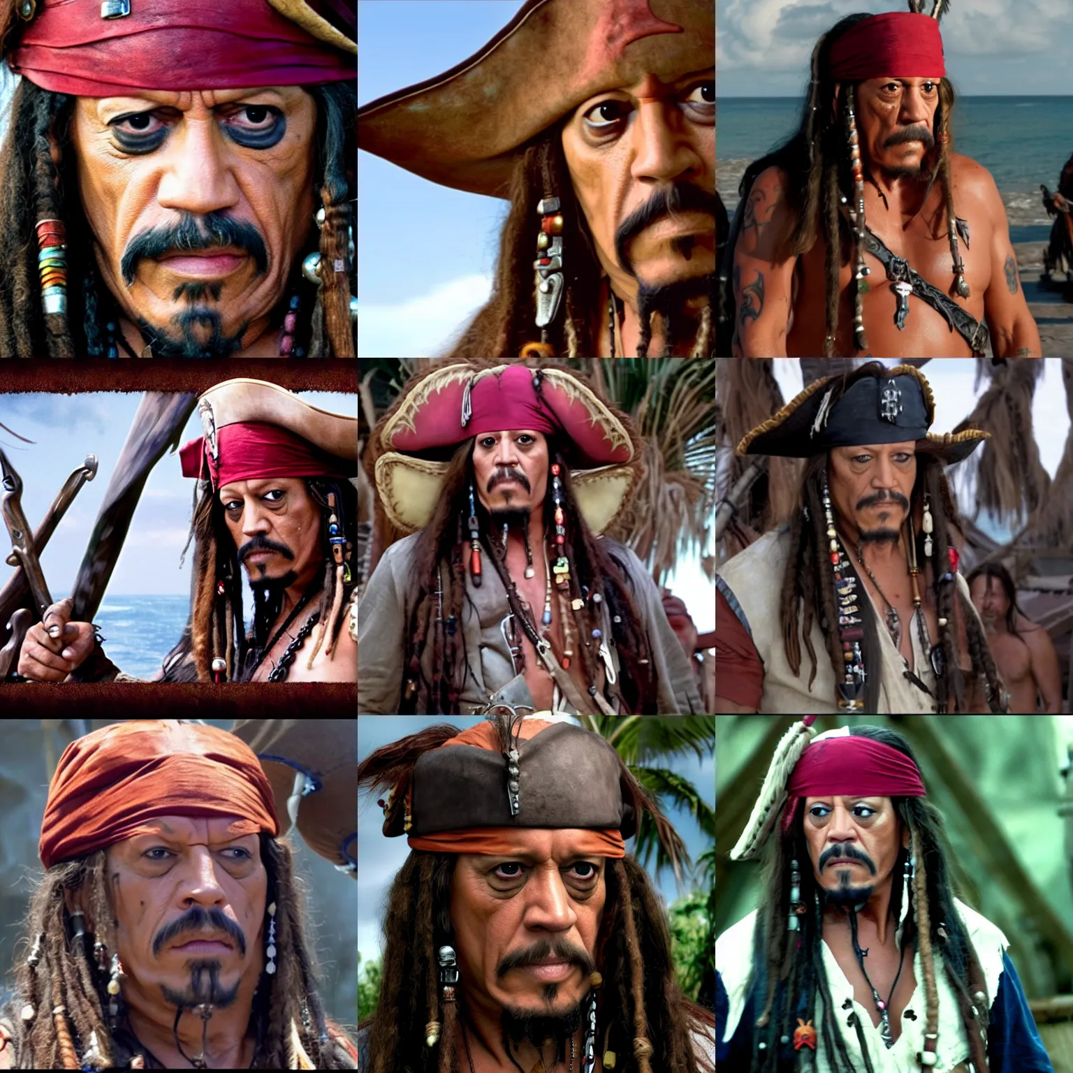Prompt: a screenshot of danny trejo as captain jack sparrow in pirates of the caribean. 8 k. very detailed