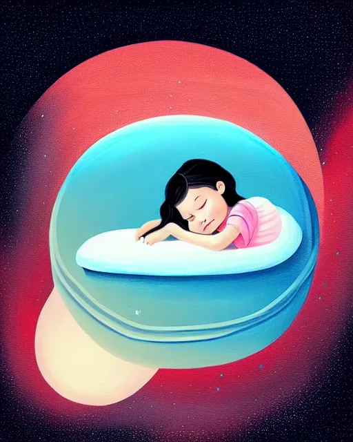 Prompt: beautiful painting of little girl sleeping on her flying bed, art by petros afshar, art by cheng hsiao - ron, sky night, illustration, highly detailed, simple, smooth and clean vector curves, no jagged lines, vector art, smooth, artstation