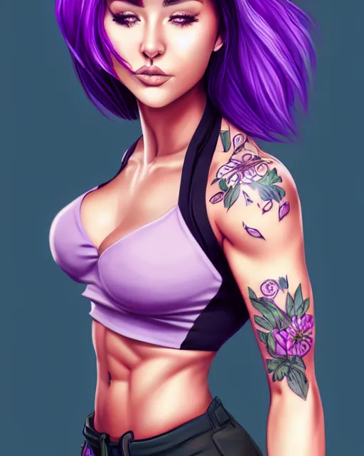 Prompt: cute female tattooist, perfect face, black halter top, purple hair, abs, cinematic, blush, stunning, athletic, strong, agile, highly detailed, smooth, hard focus, digital art, illustration, artstation