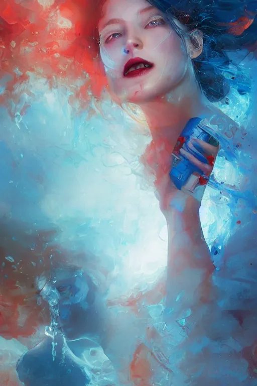 Image similar to 3 d, sci - fi, morning, smiling fashion model face, sun, cinematic, lightning clouds, vogue cover style, water, light red and deep blue mood, realistic painting, intricate oil painting, high detail, figurative art, multiple exposure, poster art, 3 d, by tooth wu and wlop and beeple and greg rutkowski