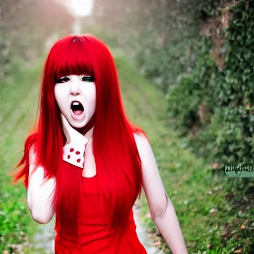 Prompt: cute anime girl with red hair, angry facial expression, in red dress