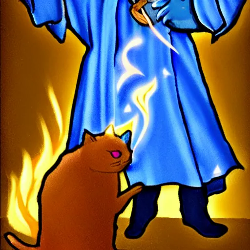 Prompt: A cat wizard wearing blue robes casting a fire spell