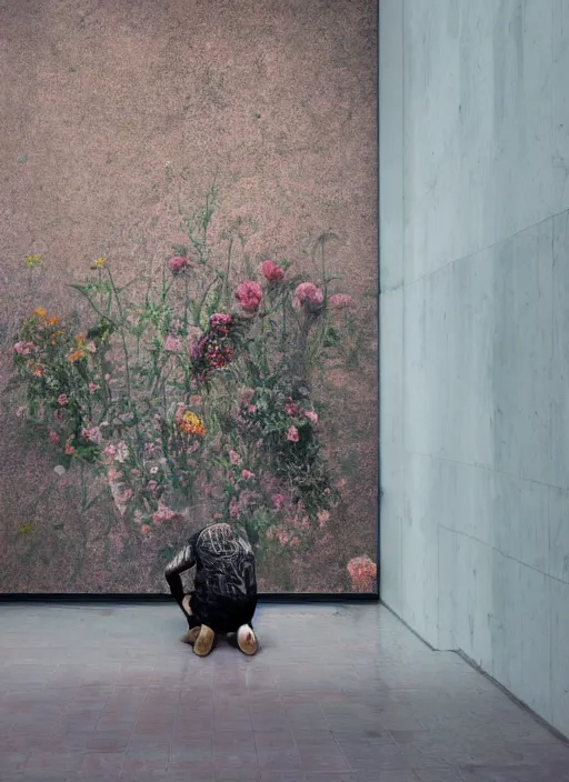 Prompt: kneeling figure in on reflecting pavement, painterly, interior of bus stop, peeling posters on wall, flowers and plants growing from figure, by Lisa Yuskavage, Francis Bacon, James Jean, James Turrell, Doug Wheeler, light and space, 4K, marble floors, rough textures, procedural textures, photography, volumetric lighting, ray tracing