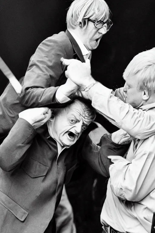 Prompt: Mark E Smith attacking a middle aged man with balding very short blonde hair and glasses