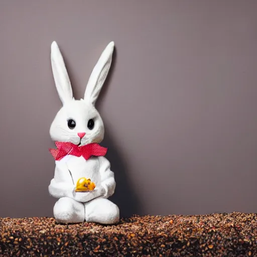 Image similar to a cute easter bunny sitting on a tire, studio photo, high quality