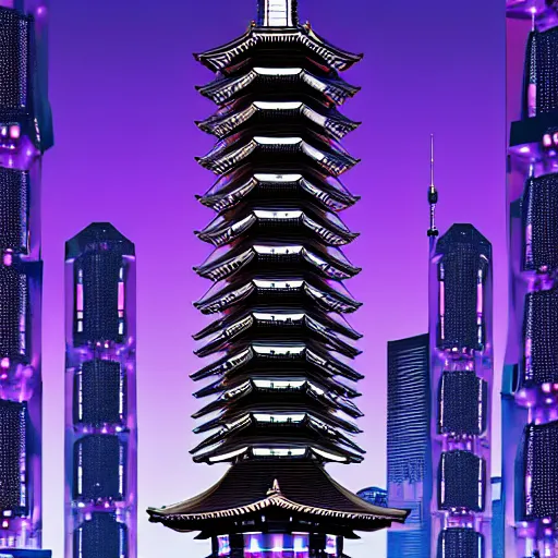 Image similar to Futuristic Pagoda Shrine in Tokyo megapolis in style of Tsutomu Nihei in purple and black tones. ArtStation, Cyberpunk, vertical symmetry, 8K, Highly Detailed, Intricate, Album Art.