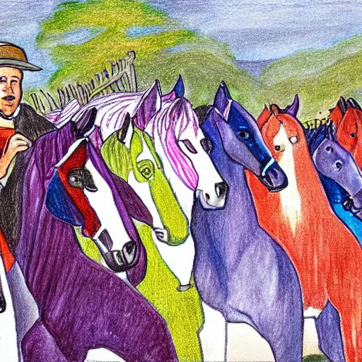 Prompt: colorful drawing of an irishman surrounded by many horses