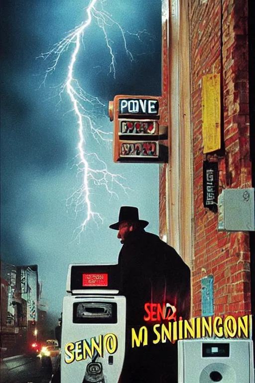 Image similar to a movie poster for a movie called senor featuring a junkie making a payphone call in a thunderstorm in queens at night in the 1 9 9 0 s, similar to the exorcist