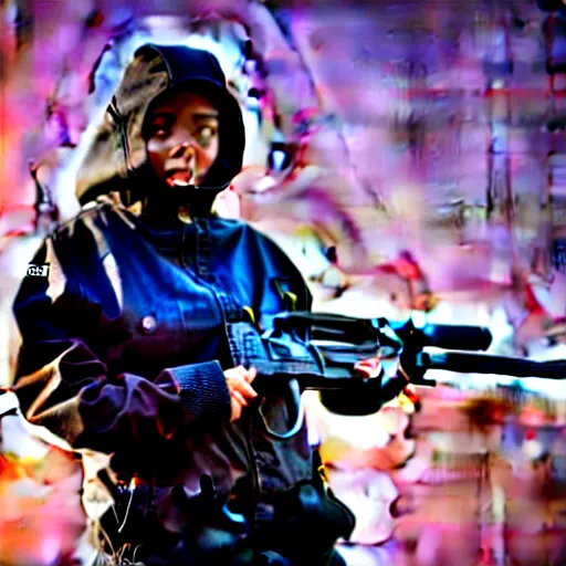 Prompt: photographic portrait of a techwear woman holding a shotgun, closeup, on the rooftop of a futuristic city at night, sigma 85mm f/1.4, 4k, high resolution, depth of fieldfull color, Die Hard, movies with guns, movie firearms