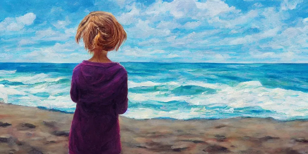 Image similar to girl looking at the ocean waves, superwide angle, zoom out, Leon Bosko painting style