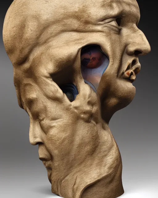 Image similar to planets coming out of a broken renaissance head sculpture, hyper - realistic, in the style of tony santos