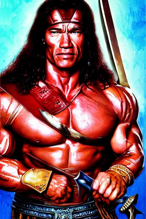 Prompt: Portrait of a Arnold Schwarzenegger as conan barbarian with a huge steel sword, elegant, photorealistic, highly detailed, artstation, smooth, sharp focus, blood ornaments, neon lighting, sci-fi, art by Klimt