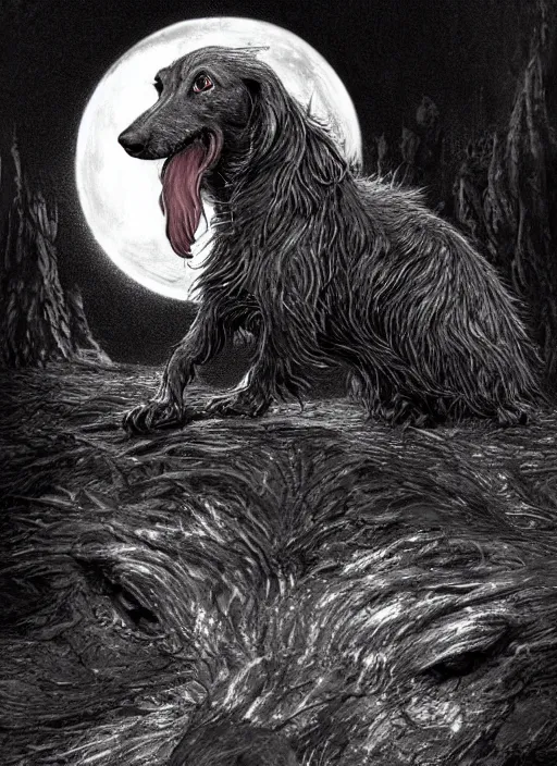 Prompt: a dachshund werewolf transforming under a full moon, dark colors, sinister atmosphere, dramatic lighting, cinematic, establishing shot, extremely high detail, photo realistic, cinematic lighting, pen and ink, intricate line drawings, by Yoshitaka Amano, Ruan Jia, Kentaro Miura, Artgerm, post processed, concept art, artstation, matte painting, style by eddie mendoza, raphael lacoste, alex ross