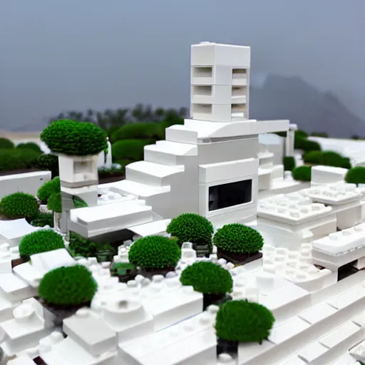 Image similar to white lego architect building in the dessert, with a lot plants and infinite pool