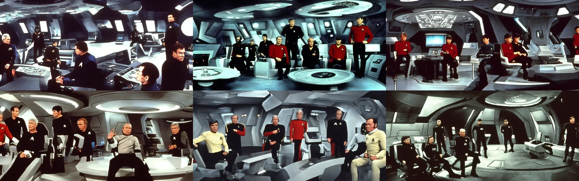 Prompt: Scene from Star Trek The Next Generation showing the deck of the Starship Enterprise with Darth Vader as the Captain, sitting in the captain's chair. Probert, Rick Sternbach, Michael Okuda, John Eaves.