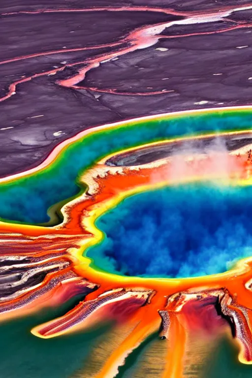 Image similar to grand prismatic spring drone photorealism by arthur haas and bruce pennington and john schoenherr, cinematic matte painting, 8 k, dark color palate