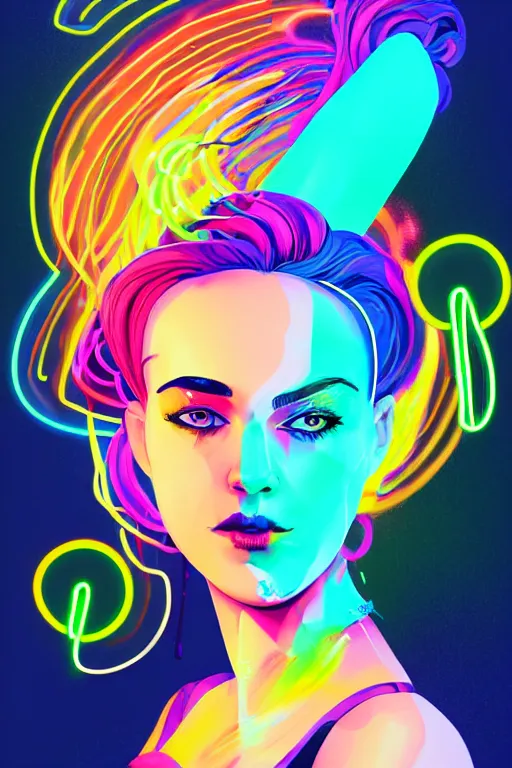 Prompt: a award winning portrait of a beautiful woman with stunning eyes in a one off shoulder croptop and cargo pants with rainbow colored hair, outlined by whirling illuminated neon lines and fine lines swirling in circles by james gilleard, digital art, trending on artstation