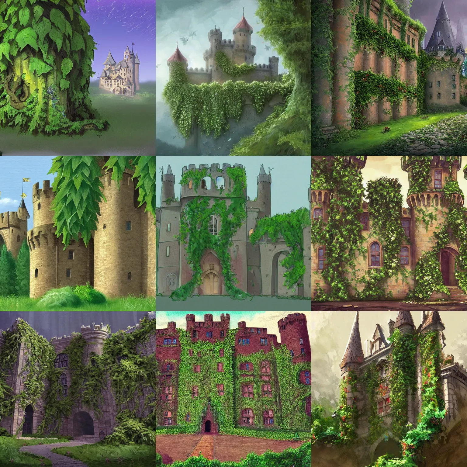 Prompt: concept art of beautiful castle covered with ivy