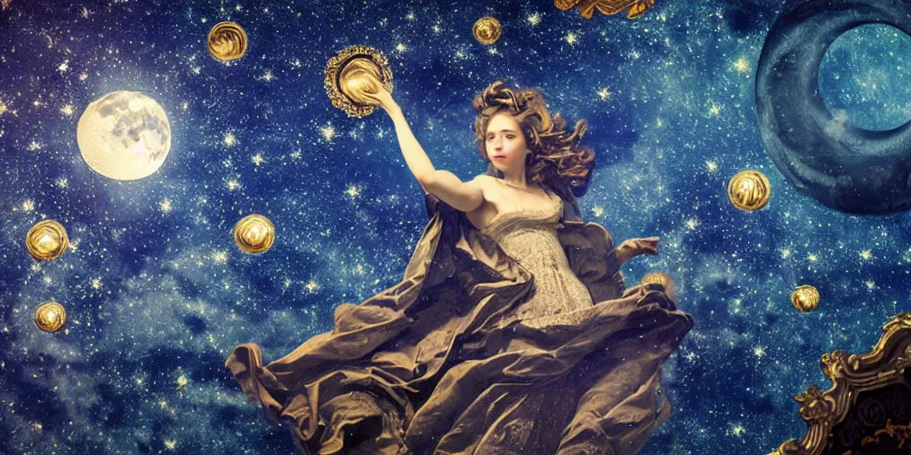 Prompt: sky in a starry night with glowing meteor showers, ascension of a woman decomposing and dissolving into moon, dark - blue black gold beige saturated, ornate baroque rococo art nouveau intricate detail, 3 d specular lighting, cinematic, no blur, no bokeh, no depth of field, uplight