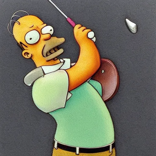 Image similar to (((((Homer Simpson playing golf . muted colors.))))) by Jean-Baptiste Monge !!!!!!!!!!!!!!!!!!!!!!!!!!!