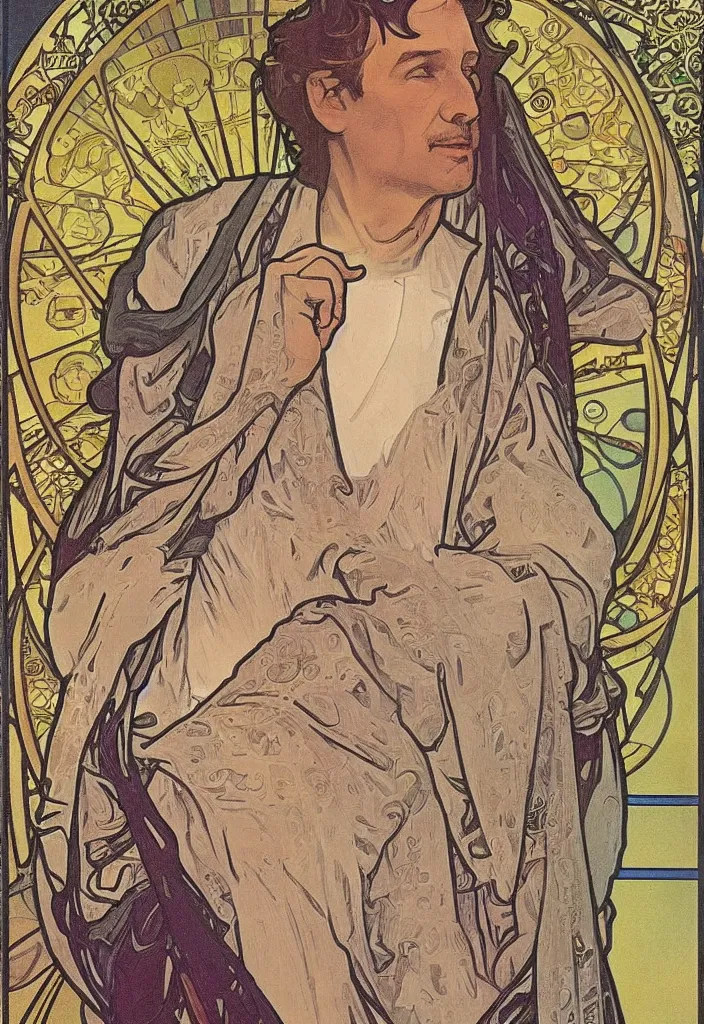 Prompt: realistic geoffrey hinton in a crown on a tarot card, tarot in art style by alphonse mucha