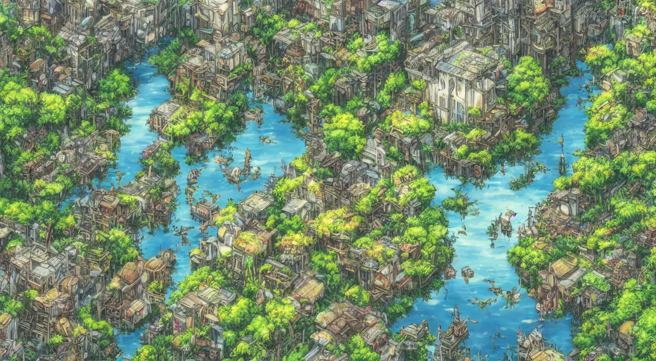 Prompt: above view, sun rays, studio ghibli style, steampunk, The ground was flooded with a layer of shallow water, narrow alley in town of Kyoto, fantasy lush vegetation and flowers, miyazaki, don bluth, nausicaa, Shinkai Makoto, flowers, white drogan, dappled lighting, cinemati, highly detailed, photo realistic