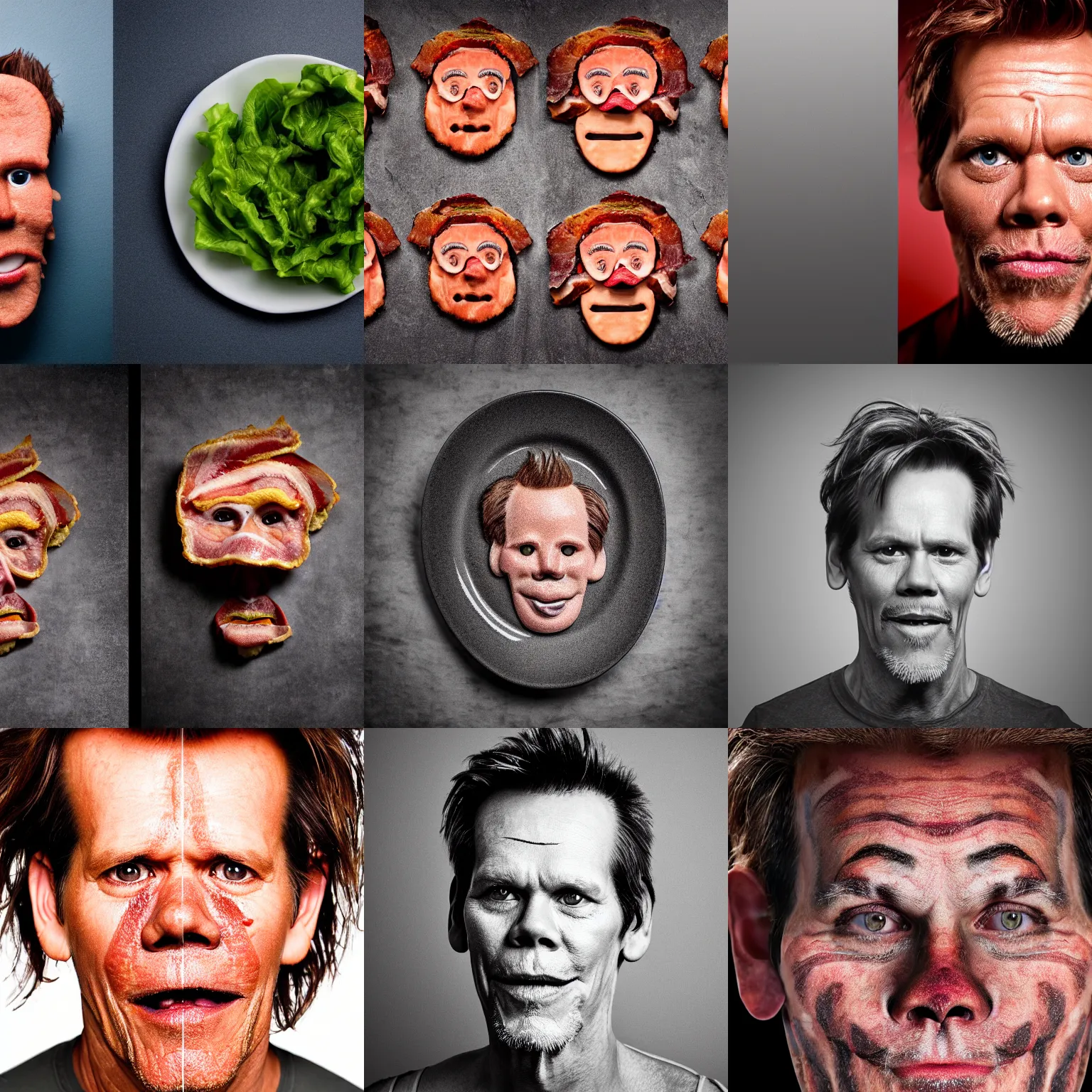 Prompt: bacon face that looks like actor kevin bacon, dish, top view, sigma 8 5 mm