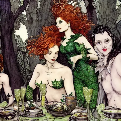 Image similar to a beautiful picture of doctor poison ivy professor of botany and doctor liliana onyx professor of demonology having lunch, academic clothing, dark eyeliner, intricate, elegant, highly detailed, digital painting, artstation, concept art, matte, sharp focus, illustration, art by rebecca guay and by arthur rackham and by john william waterhouse