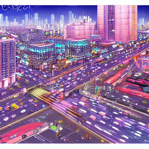 Prompt: modern beijing city view, crowd and traffic underneath the night sky, Anime style, Hyper detailed