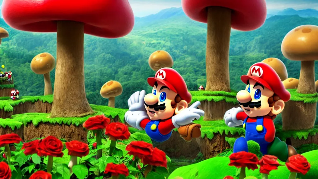 Image similar to mario stomping a goomba in the mushroom kingdom near the castle, exotic flora, giant roses, thousands of flowers, fantasy artwork, very very very beautiful scenery, hd, hdr, ue 5, ue 6, unreal engine 5, cinematic 4 k wallpaper, 8 k, ultra detailed, high resolution, artstation, award winning