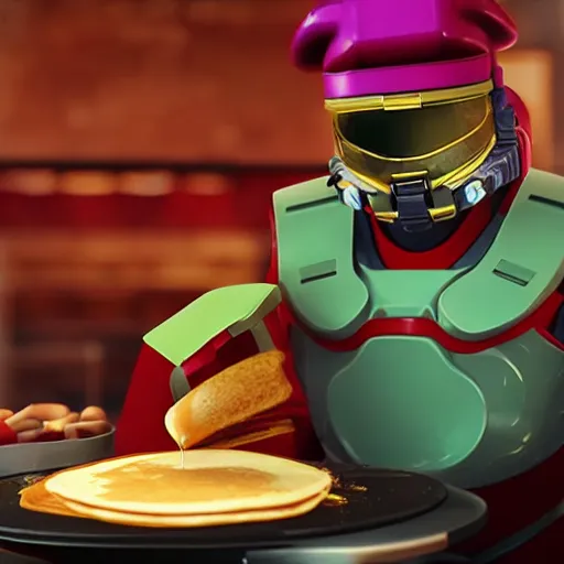 Image similar to master chief wearing a chef hat cooking a stack of pancakes hyper real, 8k, colorful, 3D cinematic