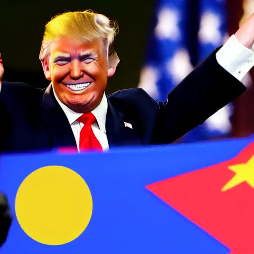 Prompt: donald trump waving giant china flag laughing hysterically