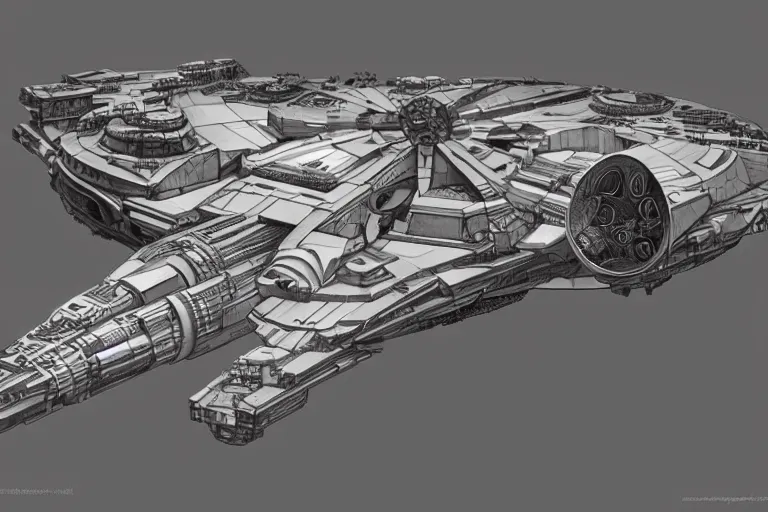 Prompt: the millenium falcon built from organic components, soft, sharp focus, detailed, sci-fi, hyperrealism, concept art by artgerm and Alphonse Mucha and Moebius
