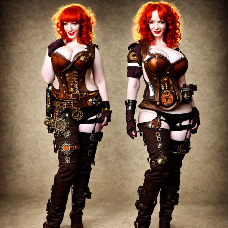 Image similar to full body photograph of christina hendricks as a steampunk warrior, extremely detailed. dslr. 8 5 mm.