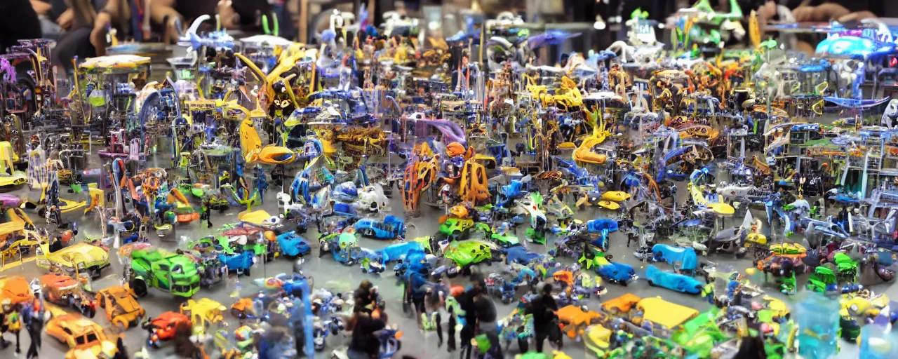 Image similar to thousands of small unbelievable futuristic toys on biggest exhibition on the planet, photorealistic, incredible small details, tons of toys mechanisms-H 576