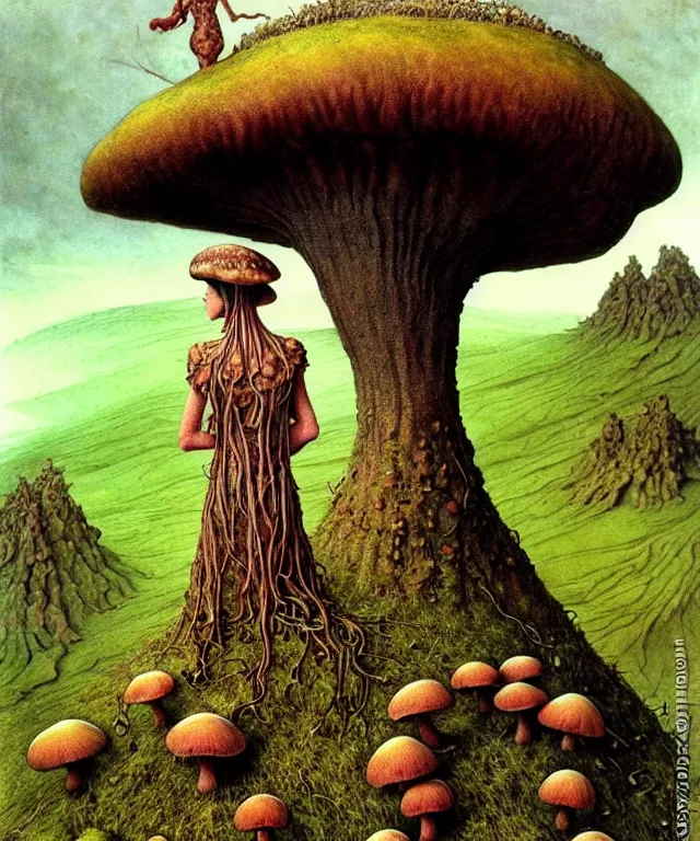 Prompt: A detailed funguswoman stands among the mushroom hills. Wearing a fungus and mushroom . Perfect faces, extremely high details, realistic, fantasy art, solo, masterpiece, art by Zdzisław Beksiński, Arthur Rackham, Dariusz Zawadzki, Edward Robert Hughes, Eugene de Blaas